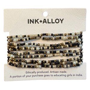 Ink & Alloy Sage Confetti Beaded 10 Strand Stretch Bracelets Black / Gold NEW